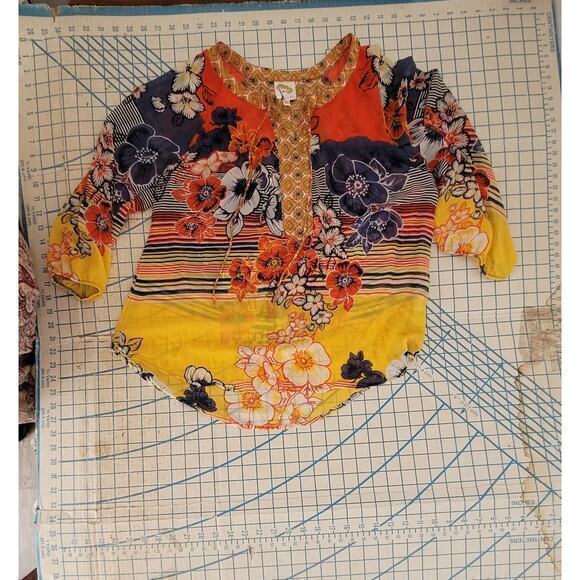 HPAnthropologie Floral Stripe Sheer Long Sleeve Henley Tie Front Blouse - Picture 5 of 13